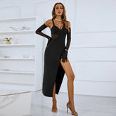 Strappy Long Sleeve Maxi Side Slit Bandage Dress